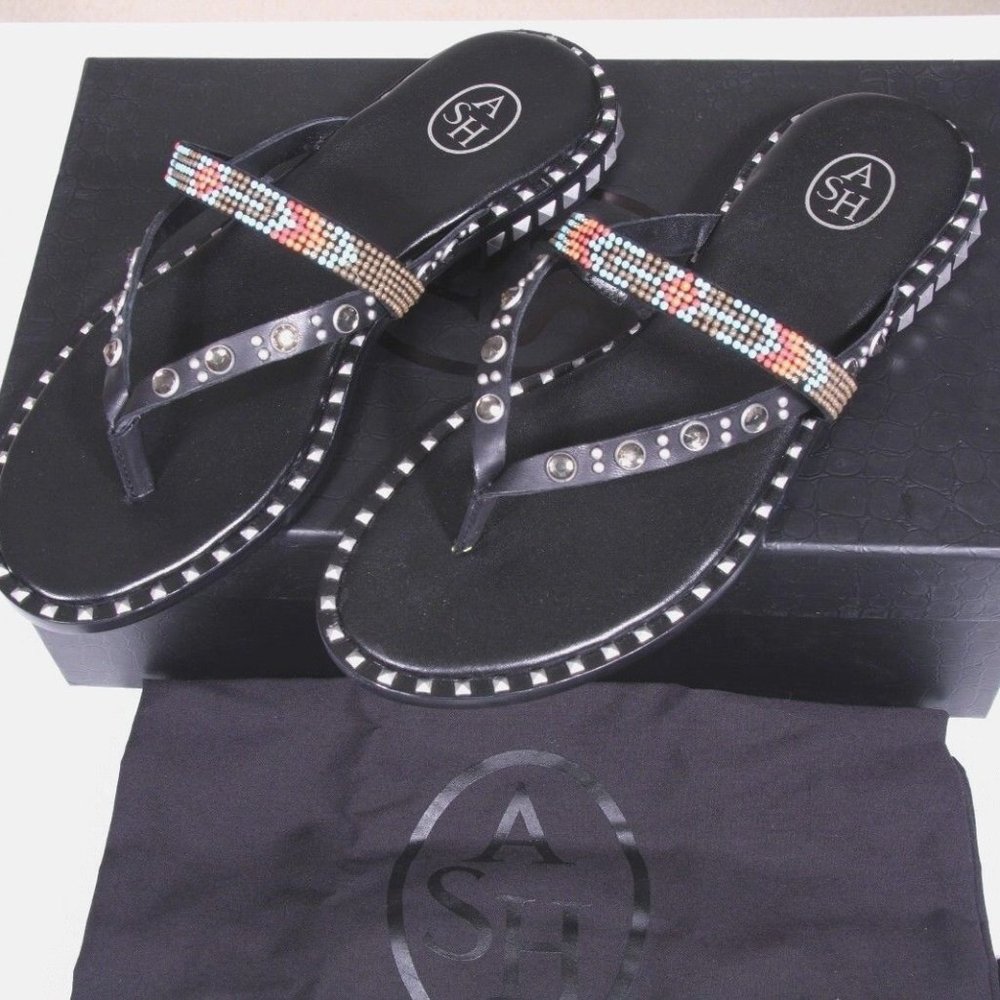 NIB ASH PASHA LEATHER SANDALS, BEADED, BLACK, SIZE 37/ US 6.5, 7